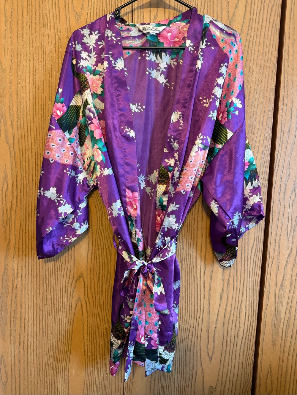Vintage Tian Bao Gong Purple Floral Asian Kimono Robe with Belt XL